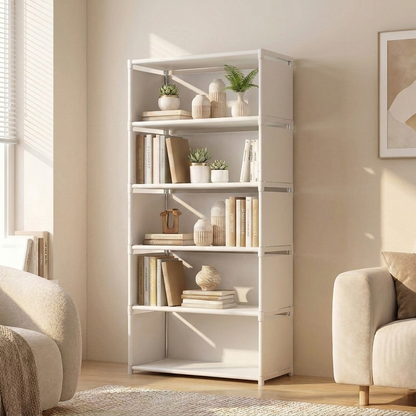 Freestanding bookcase in white, 5 tier standard, styled in a modern living room