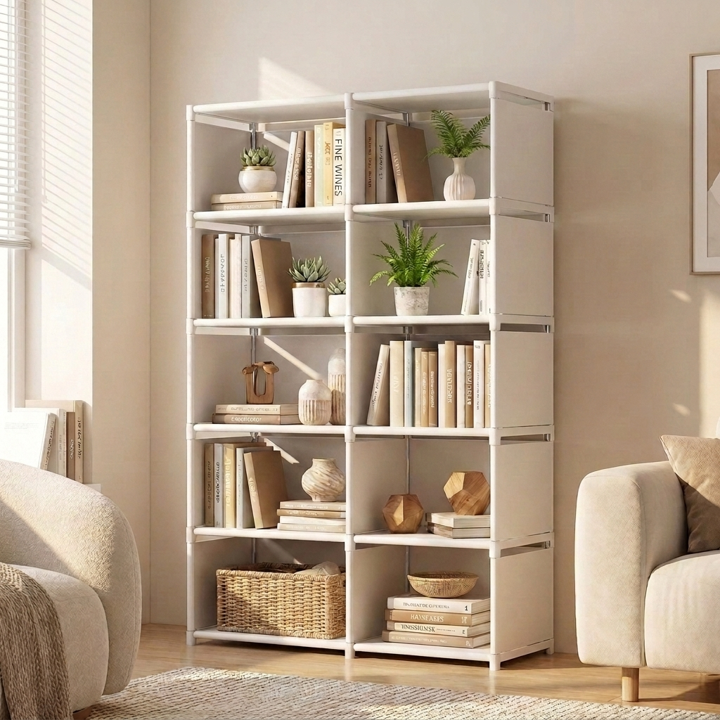 Freestanding bookcase in white, 5 tier wide double, styled in a modern living room