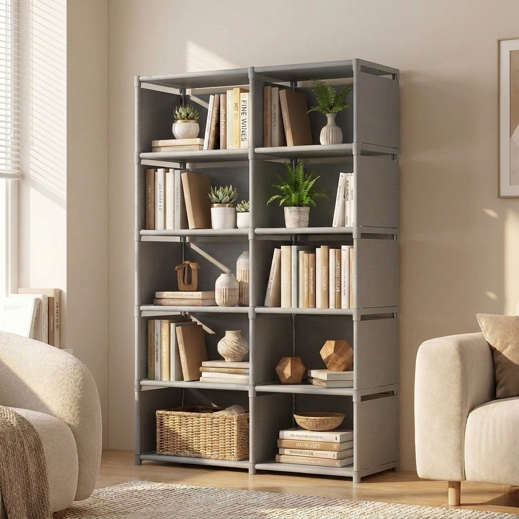 Freestanding bookcase in grey, 5 tier wide double, styled in a modern living room