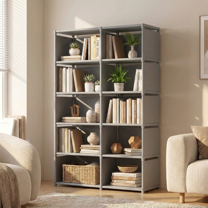 Freestanding bookcase in grey, 5 tier wide double, styled in a modern living room