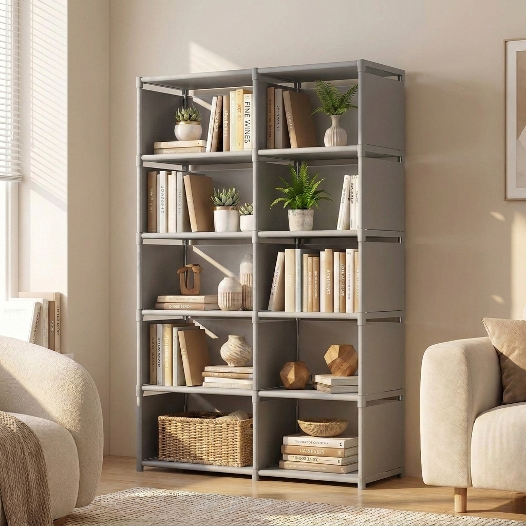 Freestanding bookcase in grey, 6 tier standard, styled in a modern living room