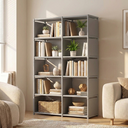 Freestanding bookcase in grey, 6 tier standard, styled in a modern living room