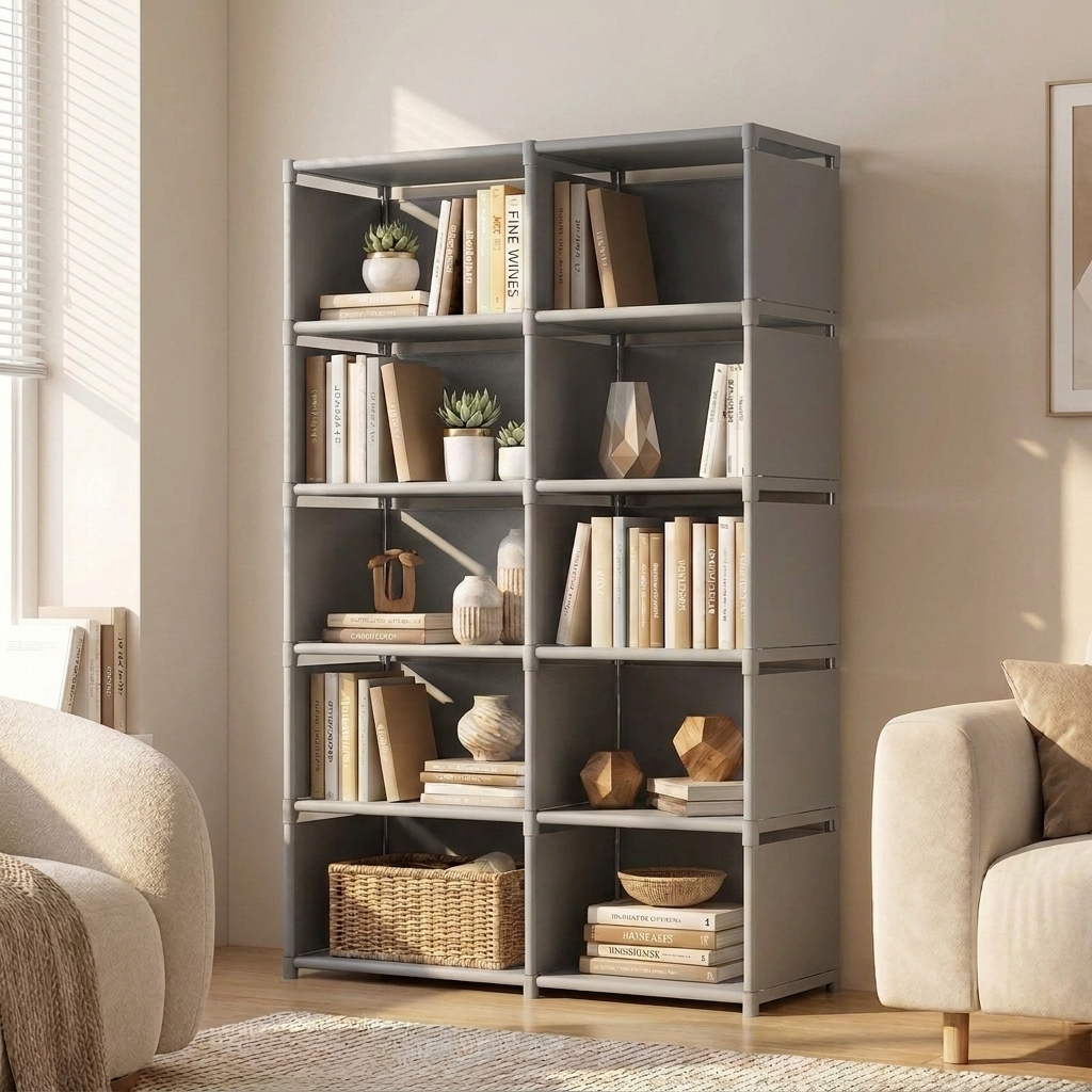 Freestanding bookcase in grey, 6 tier wide double, styled in a modern living room