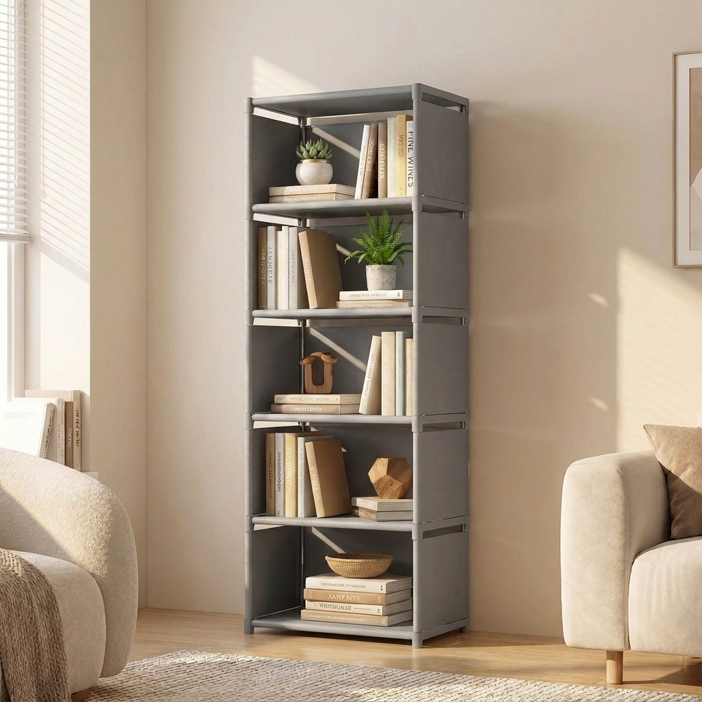 Freestanding bookcase in grey, 5 tier standard, styled in a modern living room