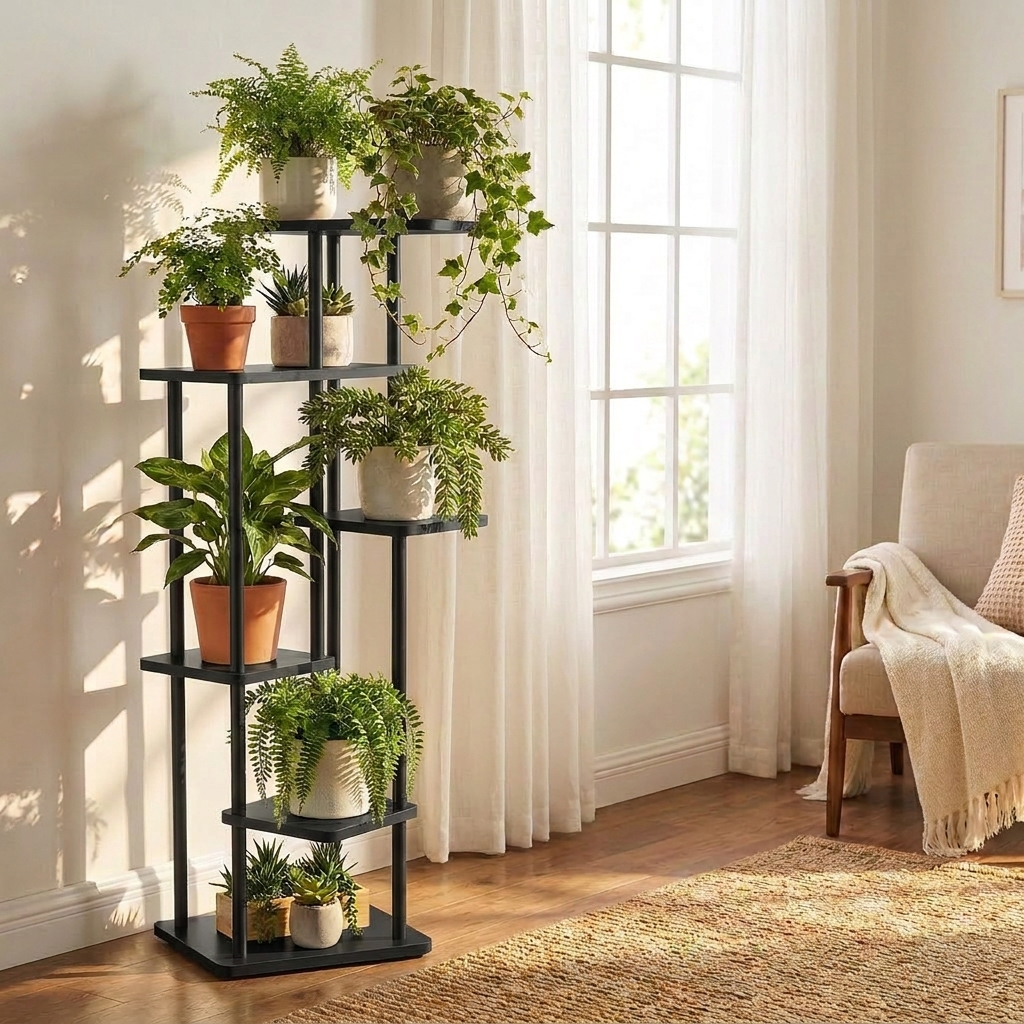 Wooden tiered plant stand in black, 6 tier, displayed with potted plants
