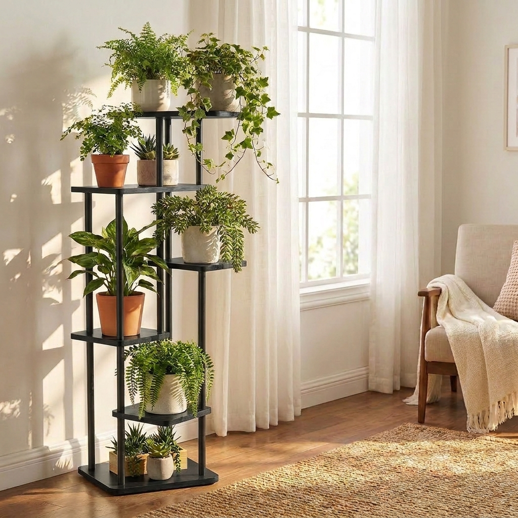 Wooden tiered plant stand in black, 5 tier, displayed with potted plants