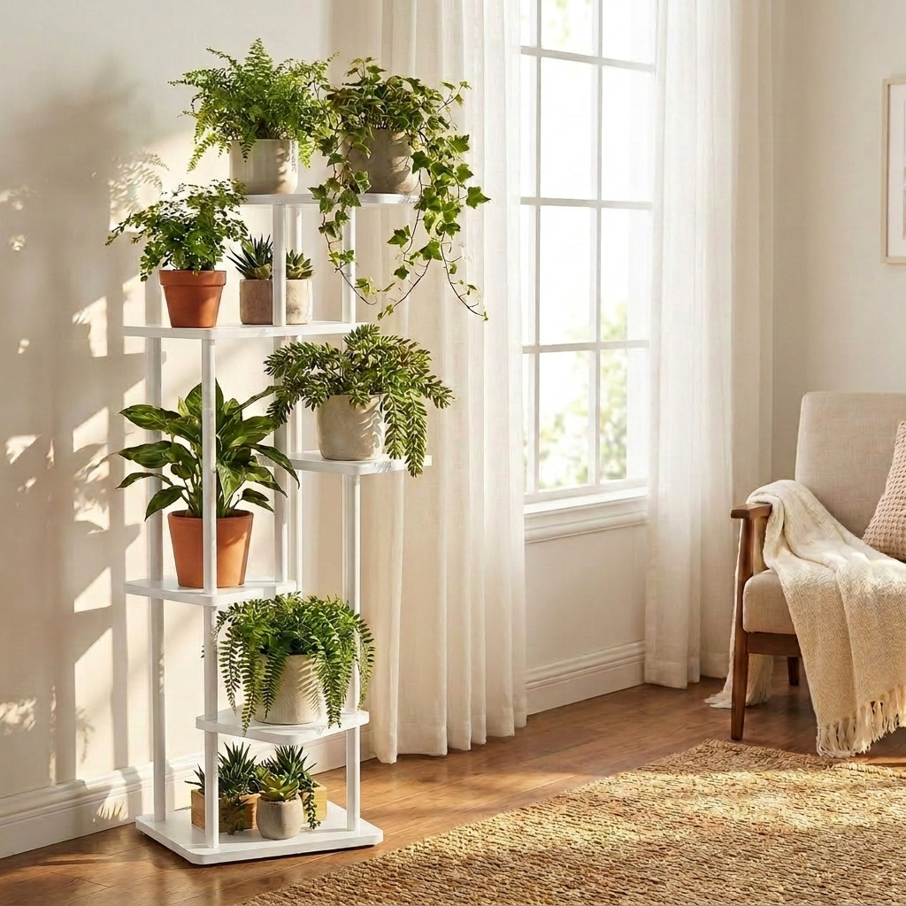 Wooden tiered plant stand in white, 4 tier, displayed with potted plants