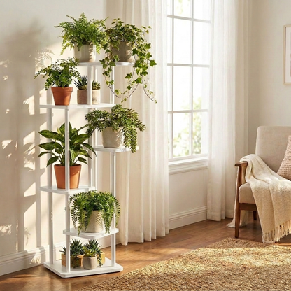 Wooden tiered plant stand in white, 4 tier, displayed with potted plants