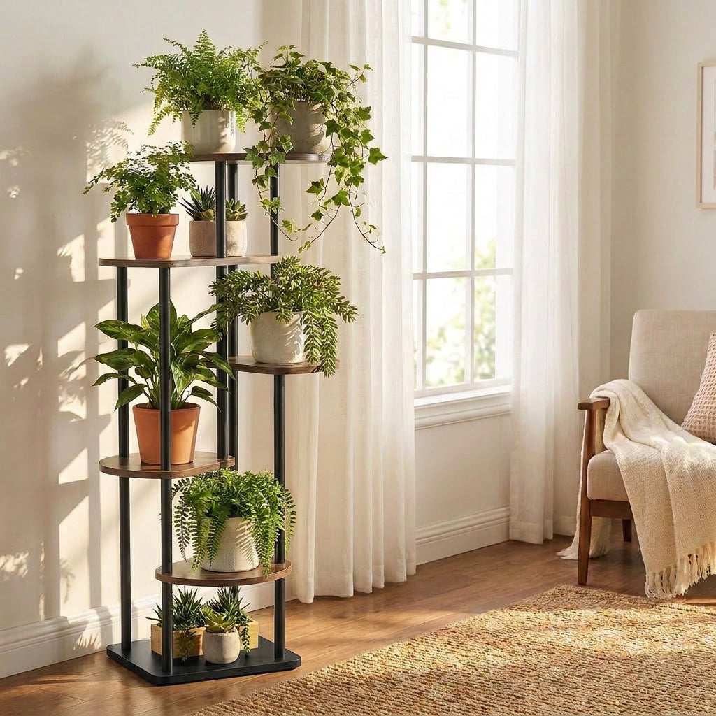 Wooden tiered plant stand in black, 4 tier, displayed with potted plants