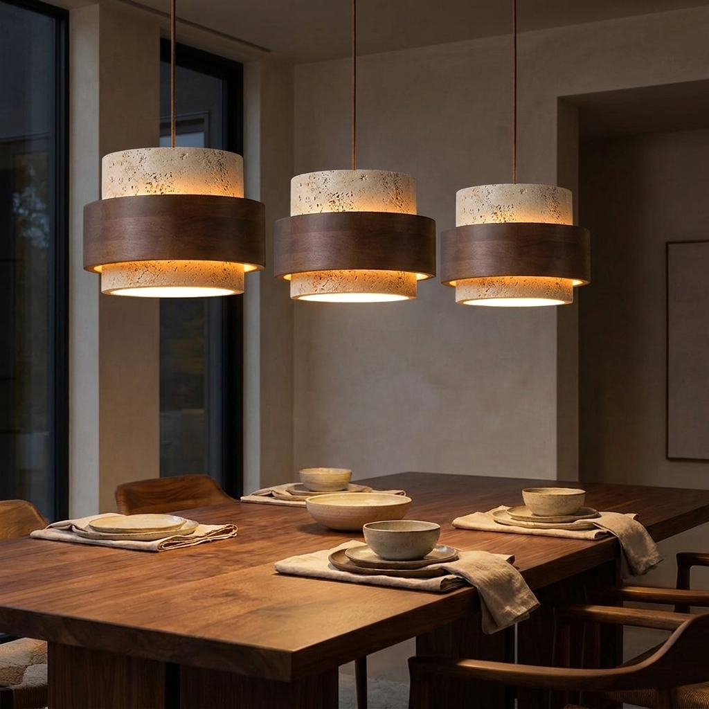 Luma Travertine Stone Pendant Light with Walnut Accent - Hero