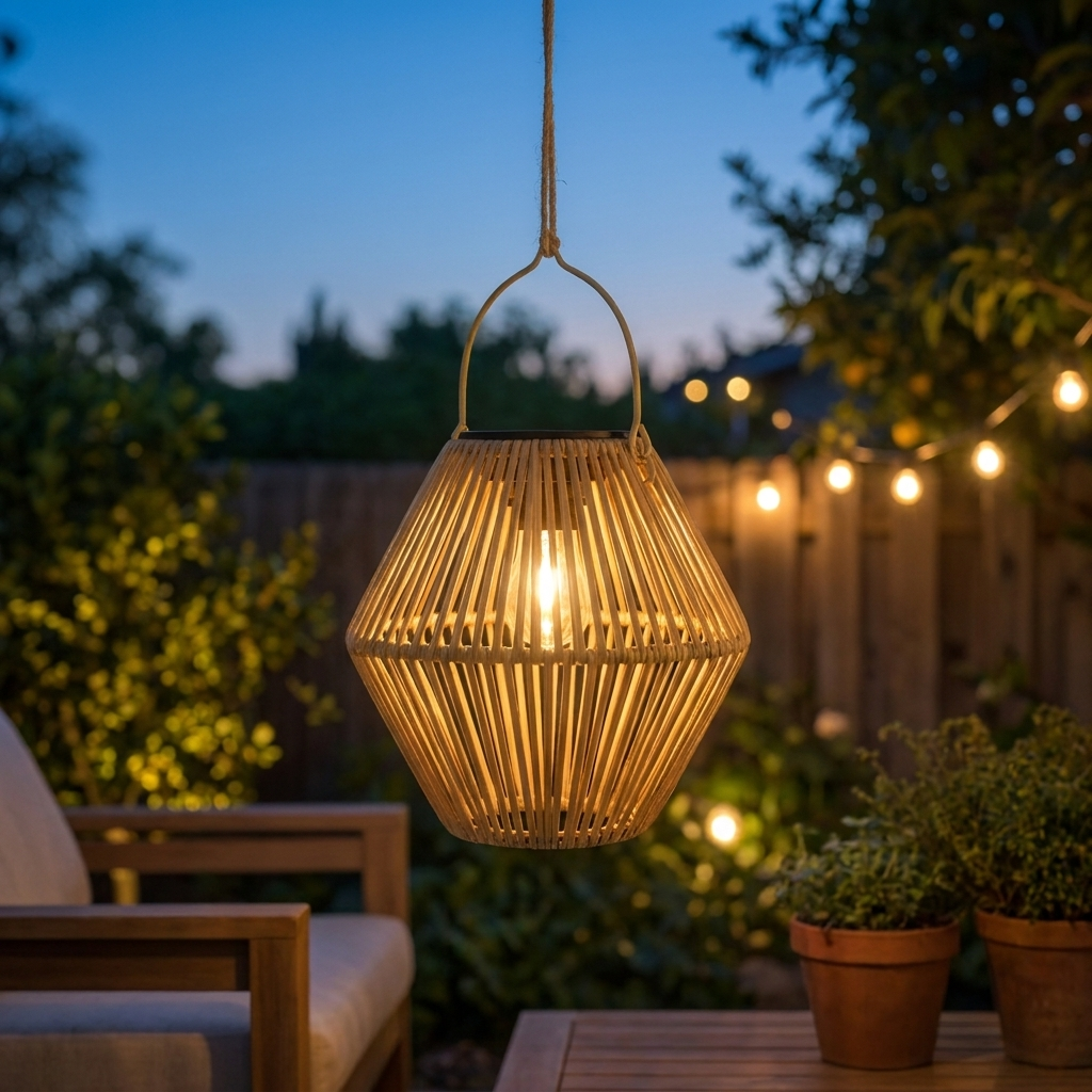 Round Rattan Boho Solar Lantern glowing in garden at dusk