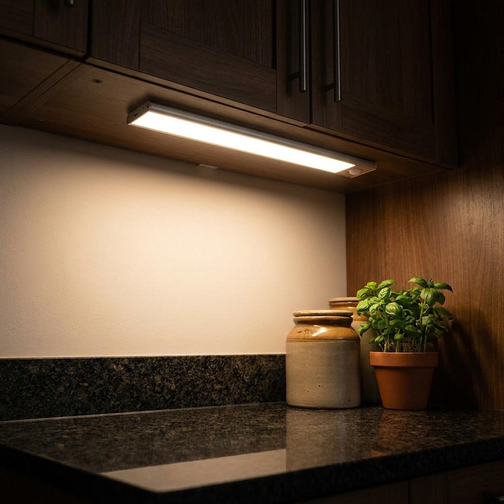 Silver LED under cabinet light bar illuminating kitchen countertop
