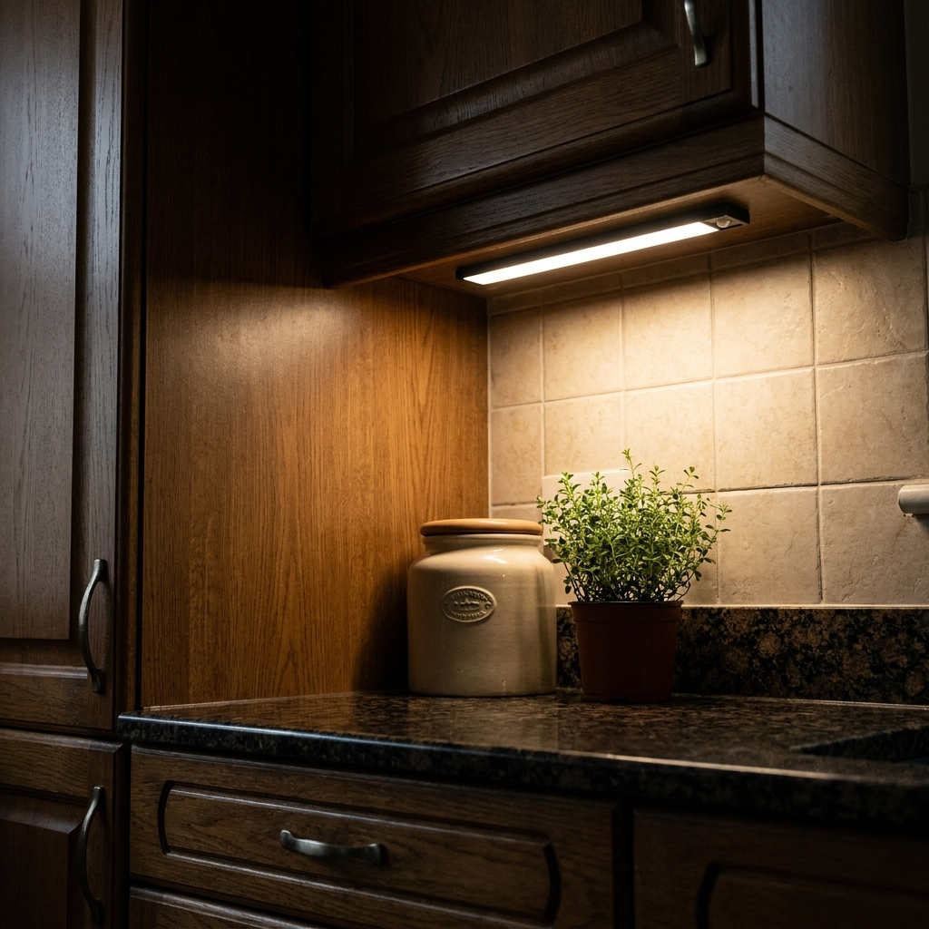 Black LED under cabinet light bar illuminating kitchen countertop