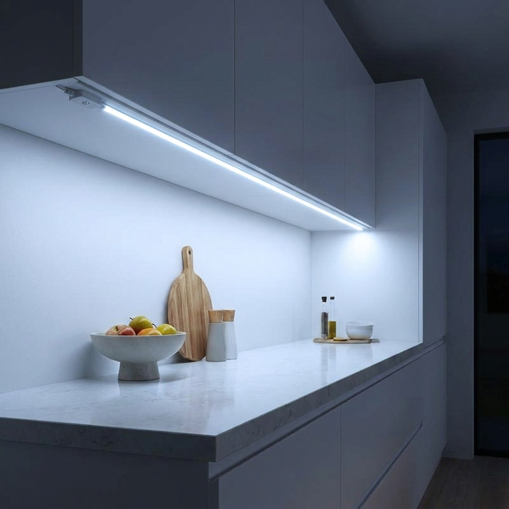 USB neon LED light strip under white kitchen cabinets glowing cool white 6000K at night