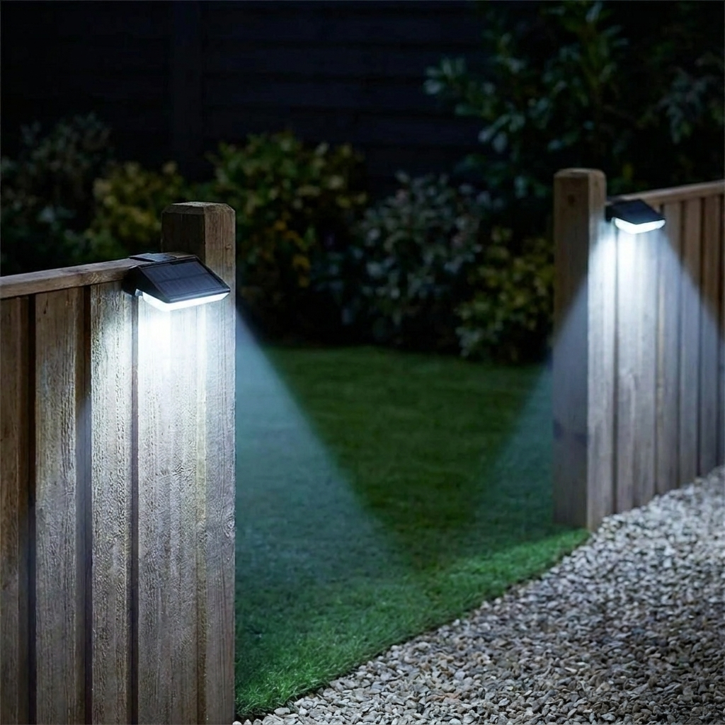 Solar wall lights on garden fence posts casting cool white 6000K downward glow at night