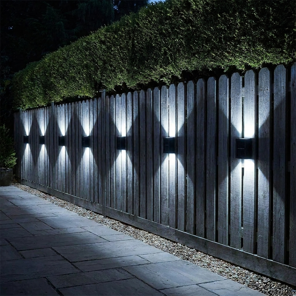 Solar up down wall washer light casting cool white 6000K up and down beams on garden fence at night
