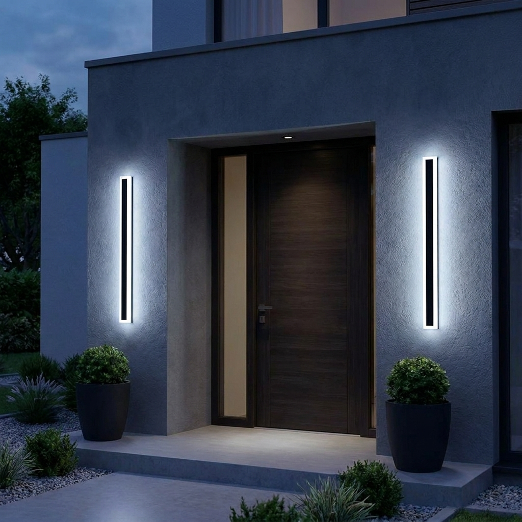 Vynn Linear Outdoor Wall Light - cool white 6000K, pair flanking a modern entrance at dusk