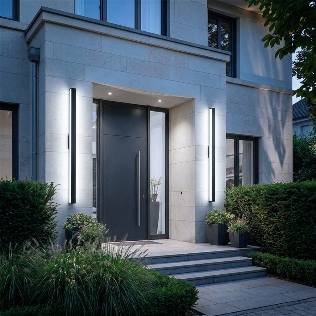 Silex LED Outdoor Wall Light - cool white 6000K, pair flanking a modern entrance at dusk