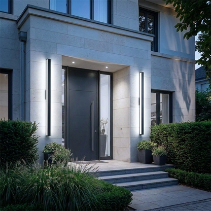 Silex LED Outdoor Wall Light - cool white 6000K, pair flanking a modern entrance at dusk