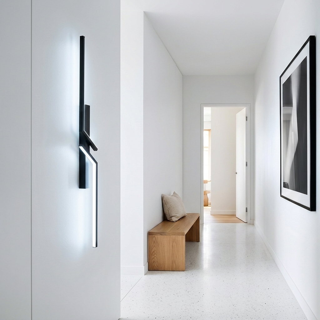 Aria geometric LED wall light - cool white 6000K in a minimalist hallway