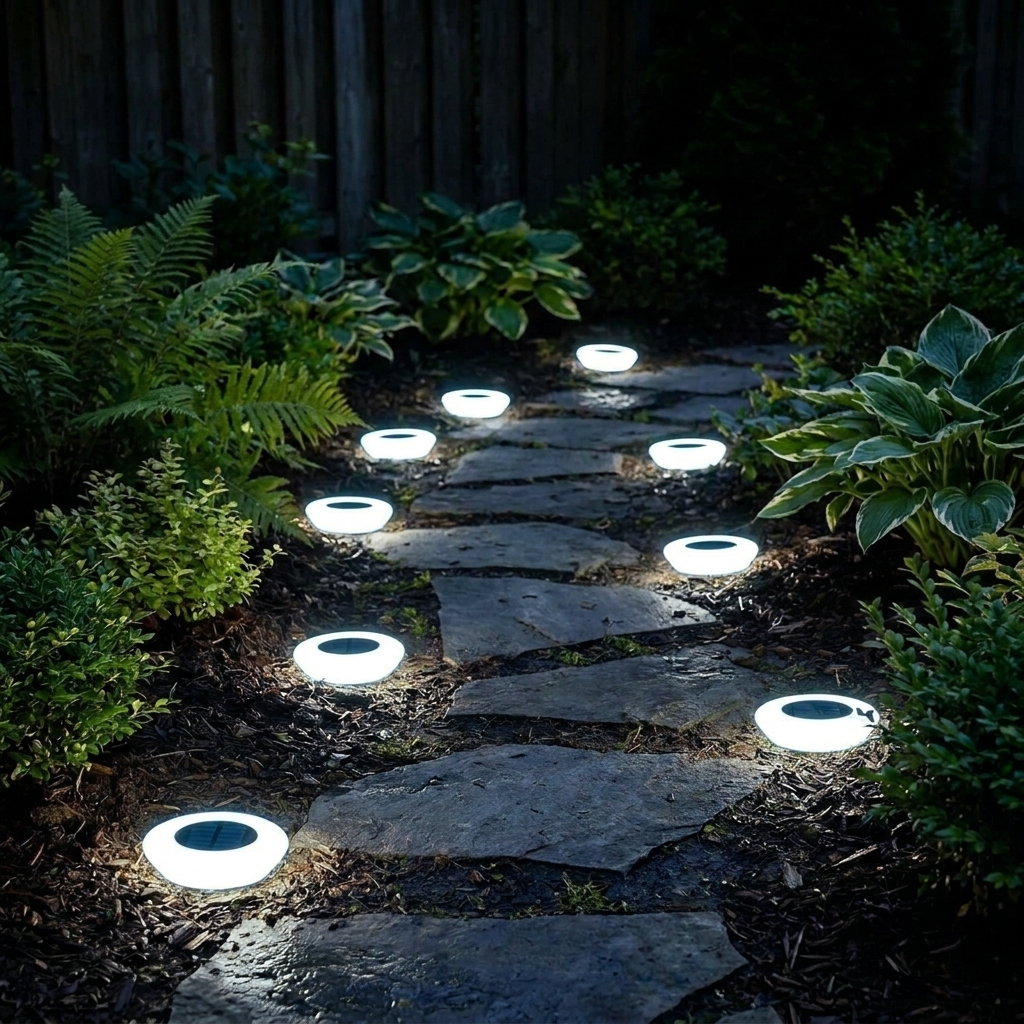Solar LED pathway lights - cool white glow lining a garden path at dusk
