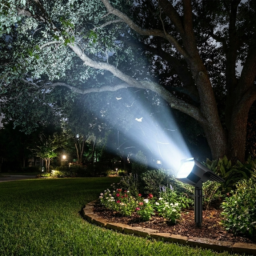 Solar garden spotlight - cool white uplighting a tree at night