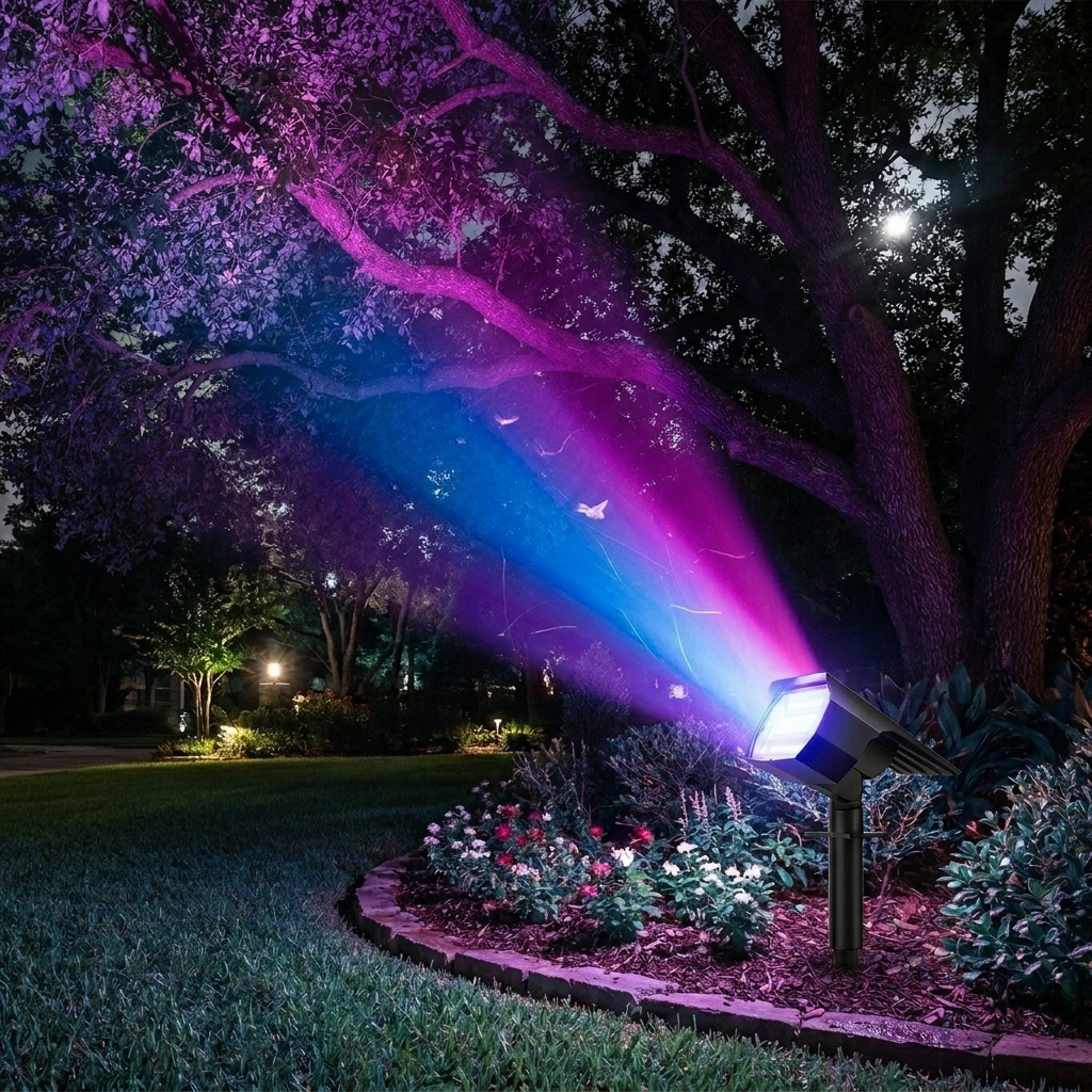 Solar garden spotlight - RGB colour-changing uplighting a tree at night