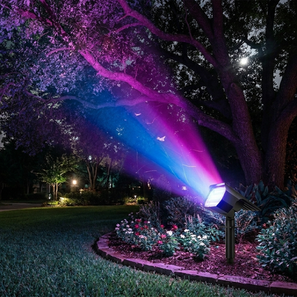 Solar garden spotlight - RGB colour-changing uplighting a tree at night