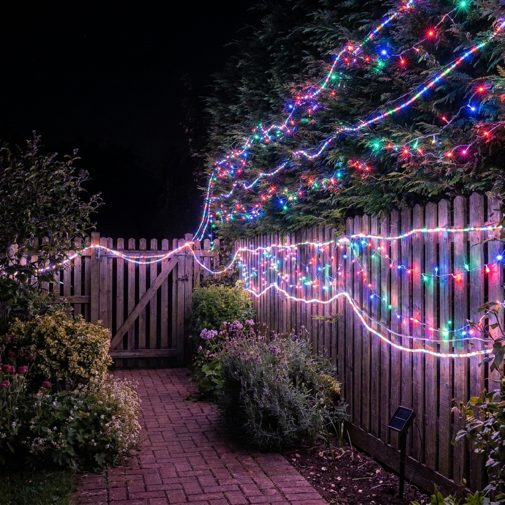 Solar fairy lights - multicolour RGB twinkling along a garden fence at night