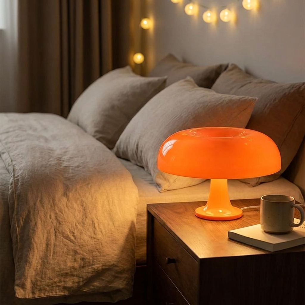 Retro mushroom table lamp glowing on a bedside table