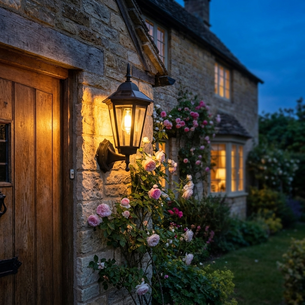 Vintage solar wall lantern beside a cottage front door at dusk