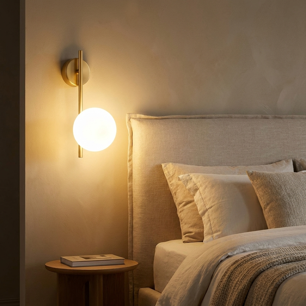 Glass wall sconce beside a bed in a modern bedroom