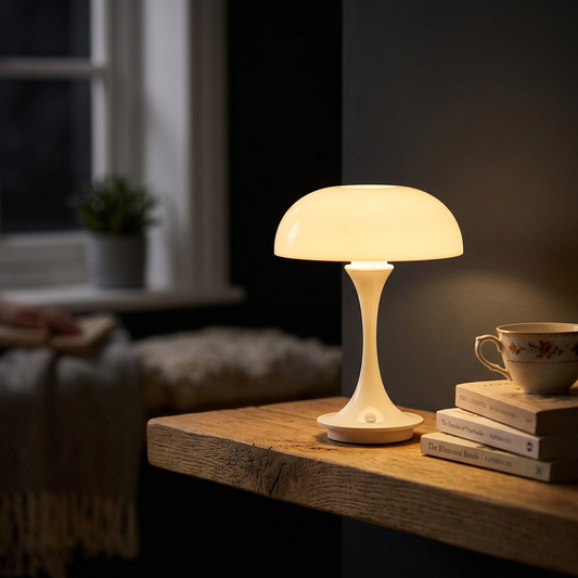 Mushroom touch lamp glowing on a wooden bedroom shelf