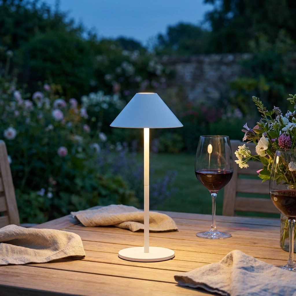 Portable LED table lamp on an outdoor dining table at dusk