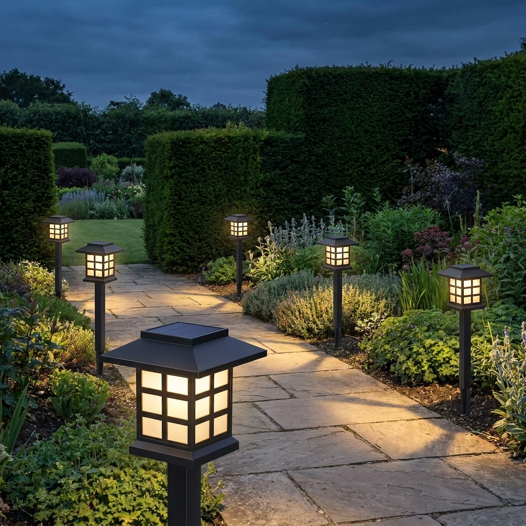 Solar pathway stake lights lining a stone garden path at dusk