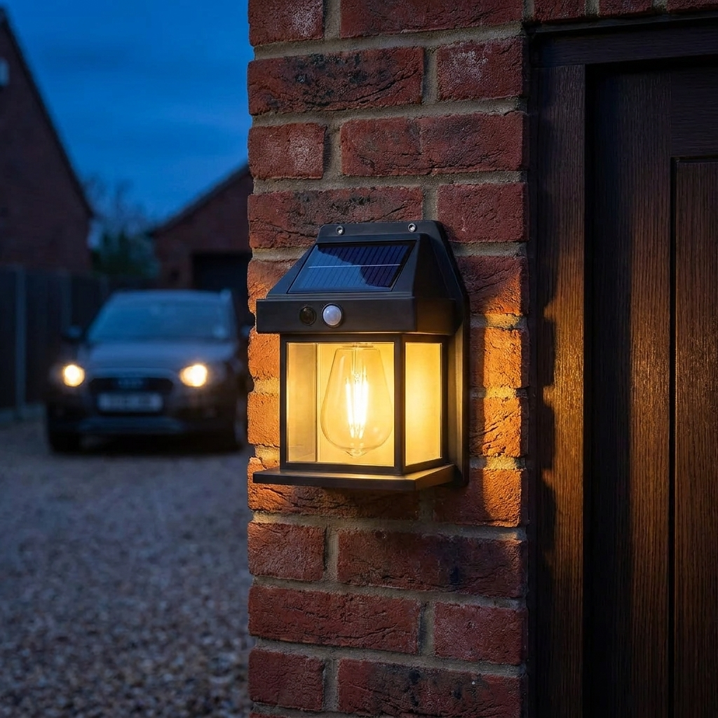 Compact solar wall lantern mounted beside a front door
