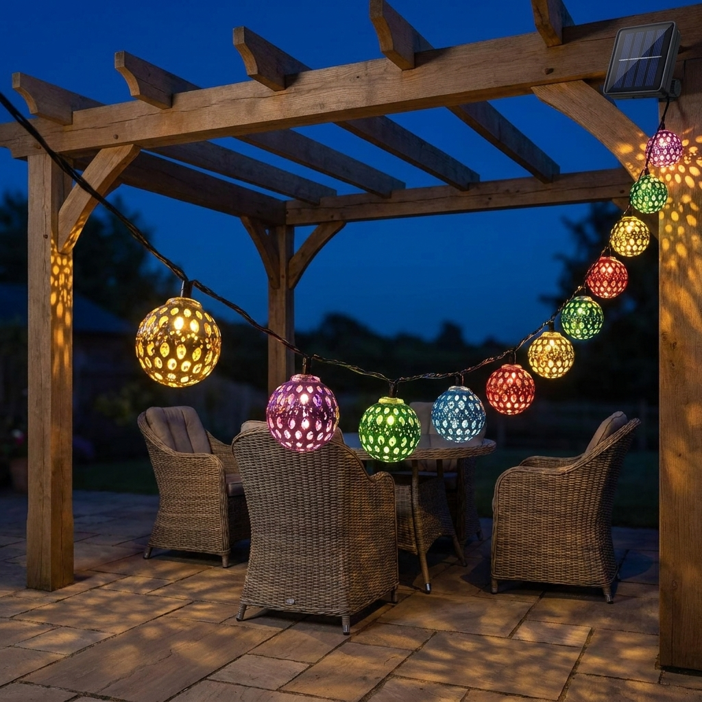 Moroccan solar string lights on a pergola over a patio at dusk