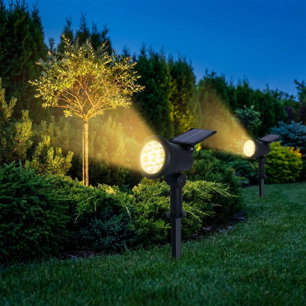 Solar garden spotlights uplighting a tree and shrubs at dusk