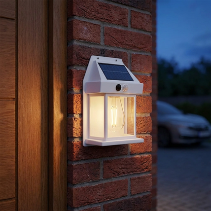 White Classic solar wall lantern by a front door at dusk