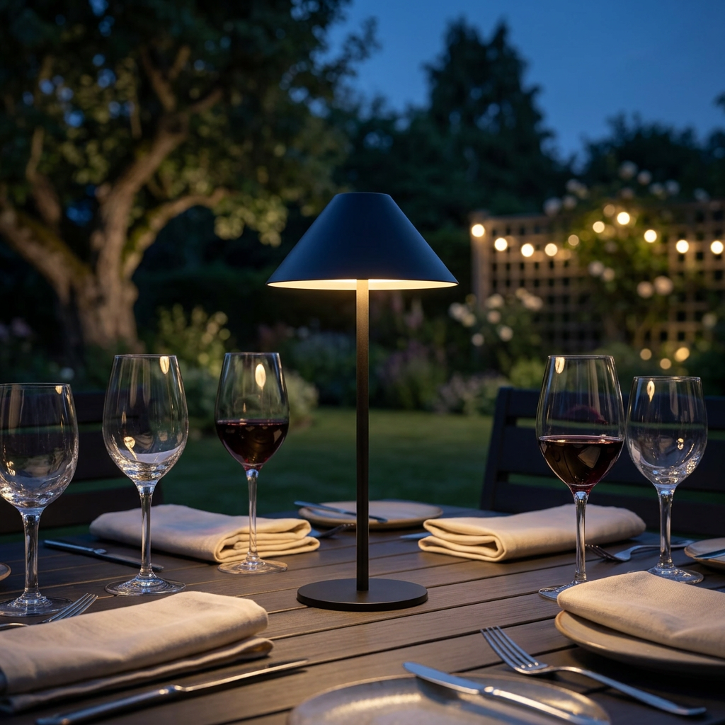 Black portable LED table lamp on an outdoor dining table