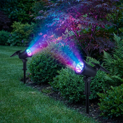 Solar garden spotlights with multicolour light uplighting a tree