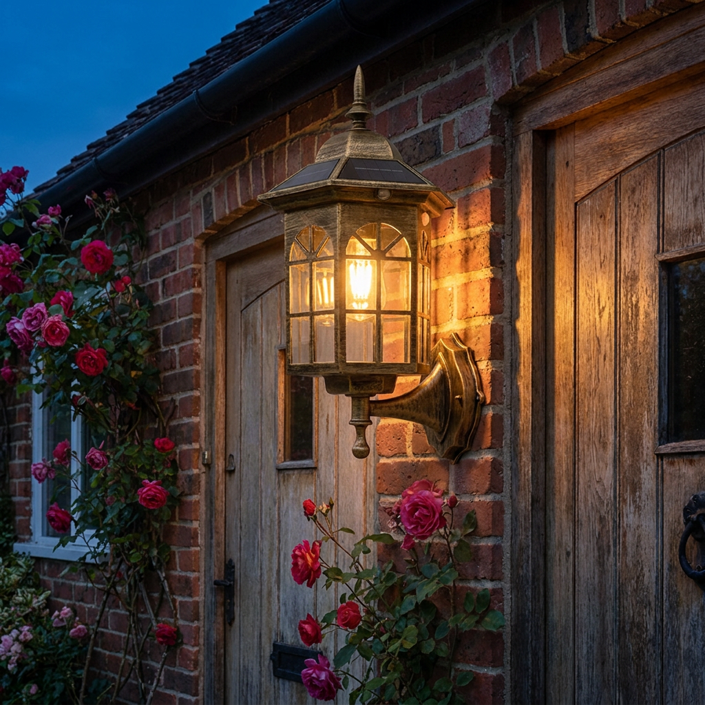 Style B brass vintage solar wall lantern beside a cottage door