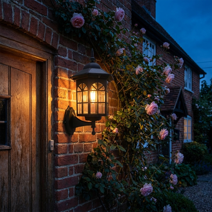 Style B black vintage solar wall lantern beside a cottage door