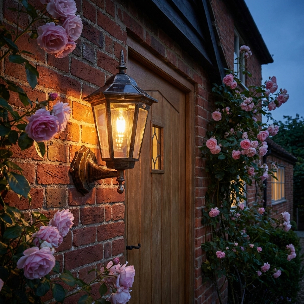 Style A brass vintage solar wall lantern beside a cottage door
