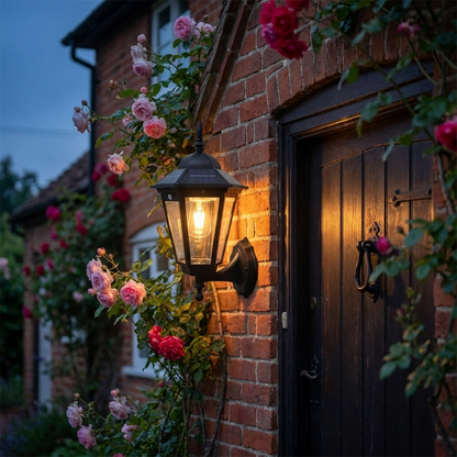 Style A black vintage solar wall lantern beside a cottage door