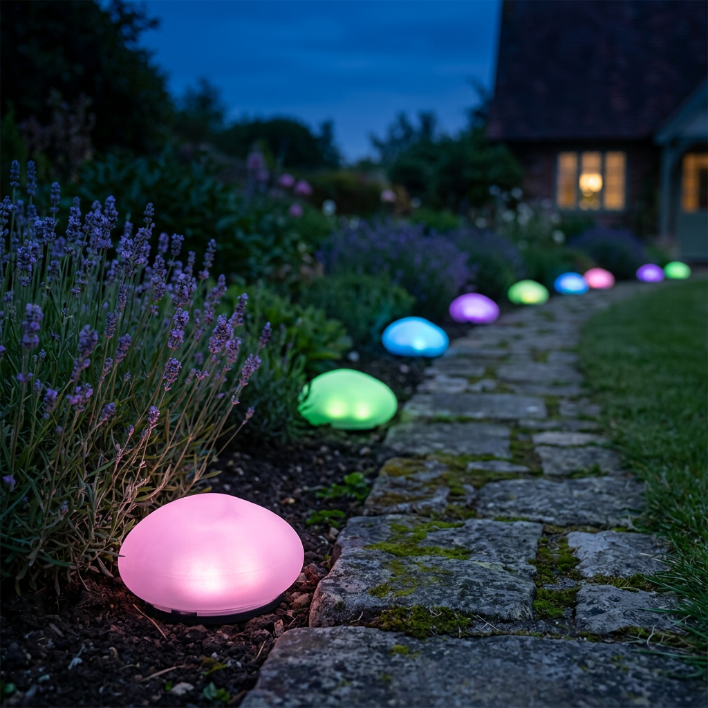 Colour-changing solar pebble lights in garden planting