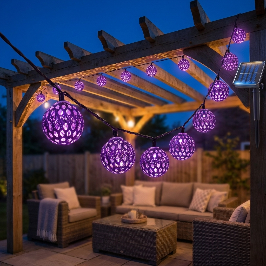 Purple Moroccan solar string lights on a pergola