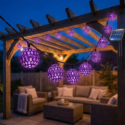 Purple Moroccan solar string lights on a pergola