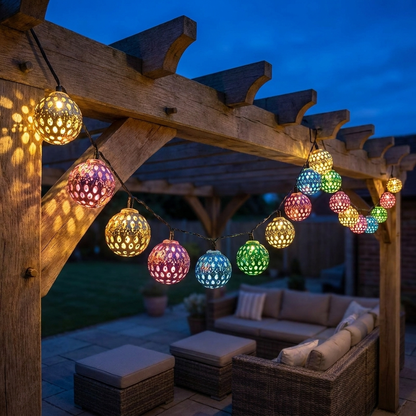Multicolour Moroccan solar string lights on a pergola