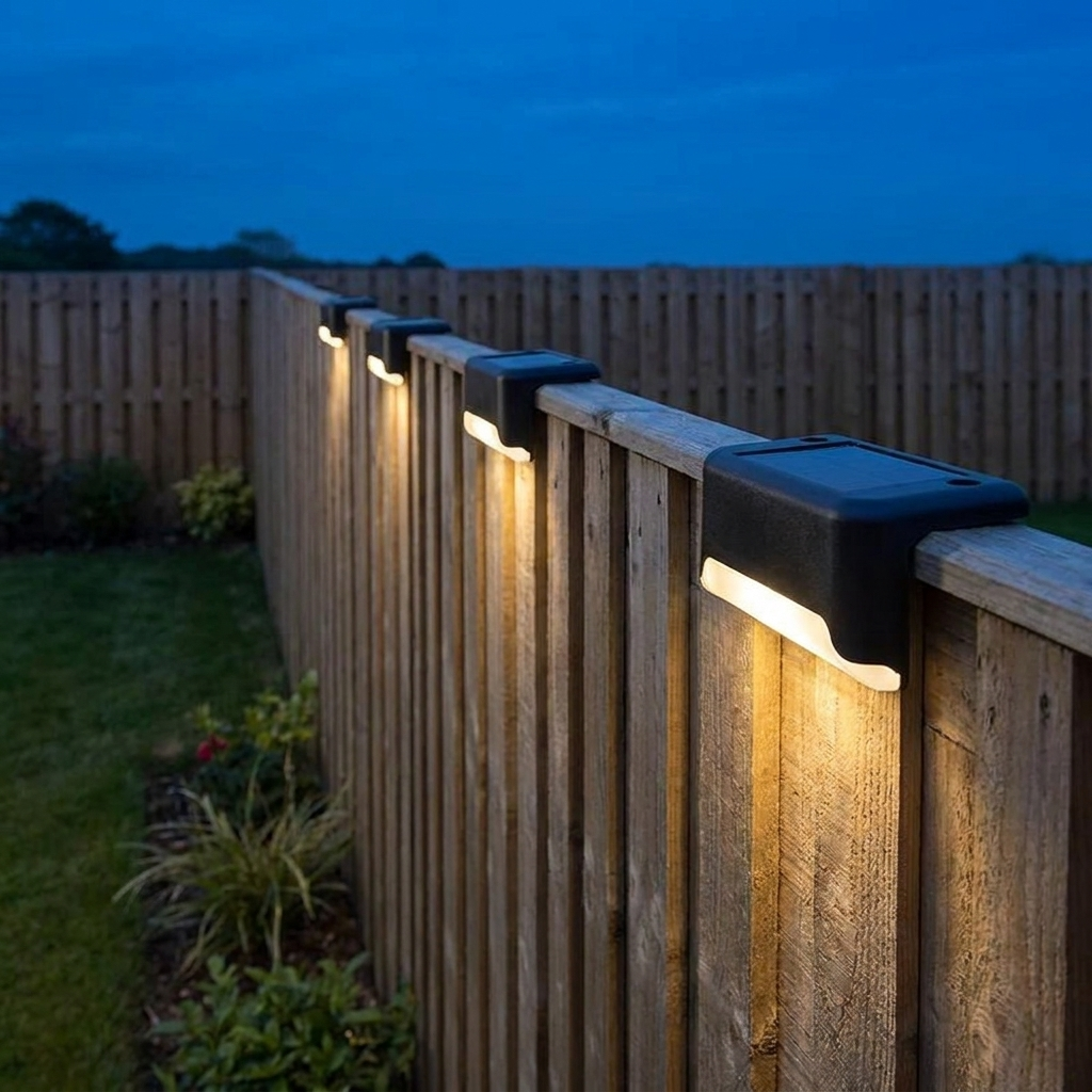 Black solar deck lights with warm white glow on a fence top